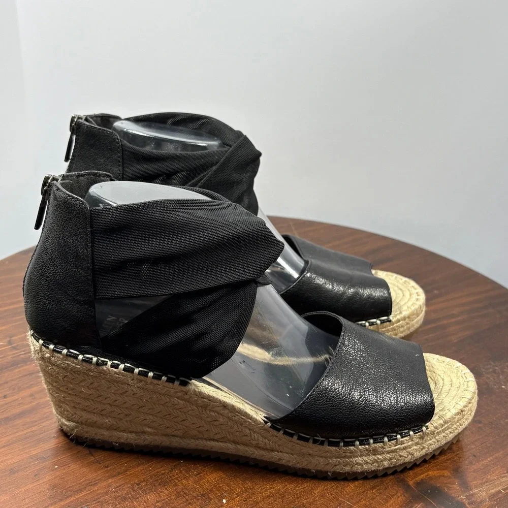 Eileen Fisher Wiley Leather Espadrille Wedge Sandals Womens 10 Black‎ Platform
